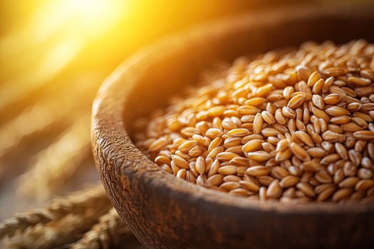 Wooden bowl brimming with golden wheat berries glows in sunlight, showcasing nature's harvest photo