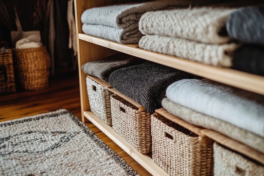 Shelved wooden storage has stacked folded blankets and wicker baskets for organizing home essentials photo
