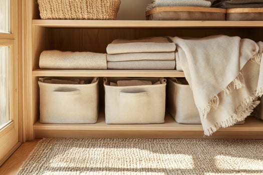 Woven baskets and neutral linen folds adorn a wooden cabinet in a bright room photo