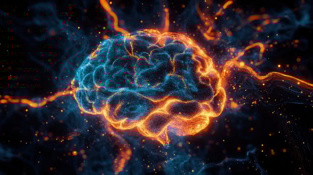 Glowing blue and orange brain surrounded by electrical sparks against a dark background photo