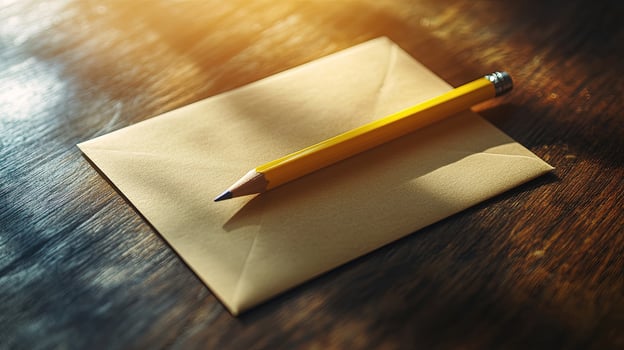 Yellow pencil rests gently on the brown envelope placed upon a rich wooden surface photo