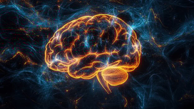 Glowing human brain with orange and blue energy trails displayed against a dark background photo