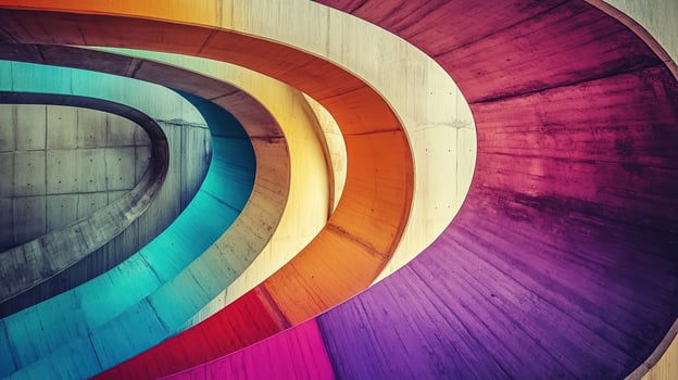 Vibrant rainbow colored concrete tunnel curves downwards in perspective, with a textural and moody atmosphere photo