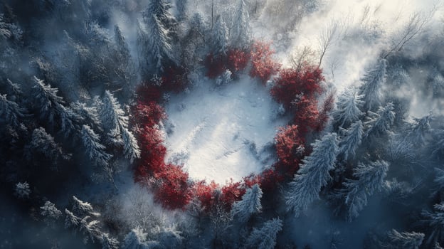 Aerial view reveals a circle of red trees amidst snowy, wintery forest photo