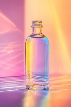 Clear bottle refracts colorful light patterns, showcasing iridescent hues on a luminous gradient backdrop photo