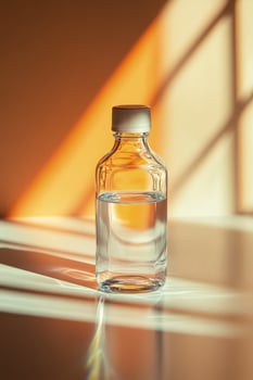 Clear glass bottle filled with liquid stands in the sunlight, casting intricate shadows photo