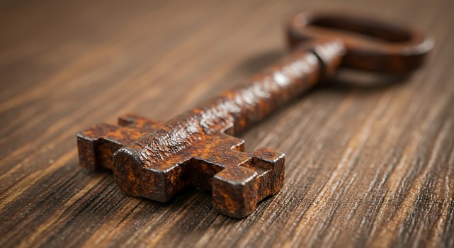 An old rusty key on a wooden table photo