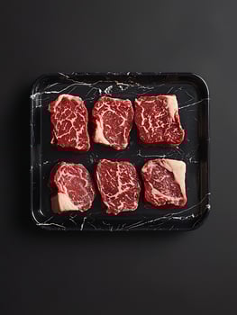 Six Perfectly Marbled Raw Steaks on a Black Marble Tray. photo