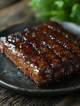 Delicious Glazed Ribs on a Rustic Plate with a Hint of Green. photo