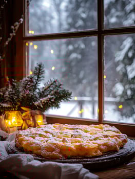 Cozy Winter Pie with Christmas Lights and Snow Outside. photo