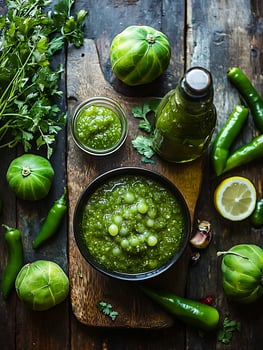 Fresh Green Salsa With Tomatillos and Jalapenos on Rustic Wood. photo