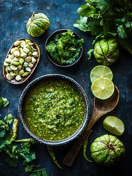 Fresh Green Salsa With Tomatillos And Cilantro Ingredients. photo