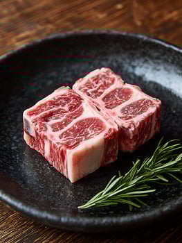 Premium Lamb Chops and Fresh Rosemary on Dark Plate. photo