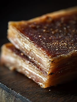 A Rich, Savor y Slice of Cured Meat on a Dark Wood Surface. photo