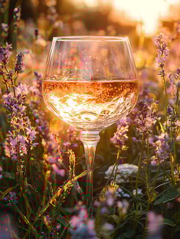 A Glass of Rose Wine Amidst Lavender Flowers at Sunset. photo