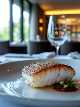 Perfectly Seared Fish Dish with Savory Sauce and Elegant Ambiance. photo