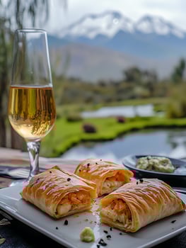 Enjoy a Delicious Pastry with a Refreshing Drink by the Mountains. photo