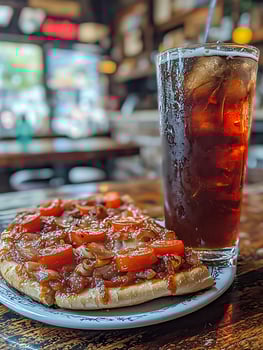 Delicious Flatbread Pizza and Iced Drink in a Cozy Cafe Setting. photo