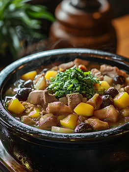 Hearty Stew with Tender Meat and Potatoes, Fresh Greens Topping. photo