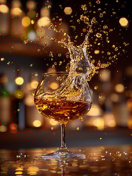 Dynamic Splash of Amber Liquid in a Glass with Bokeh Lights. photo