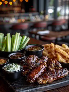 Delicious Chicken Wings with Fries and Celery Sticks at a Bar. photo