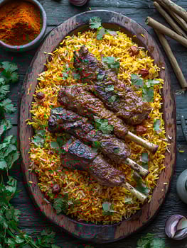 Savory Lamb Chops Served Over Fragrant Yellow Rice with Fresh Coriander photo