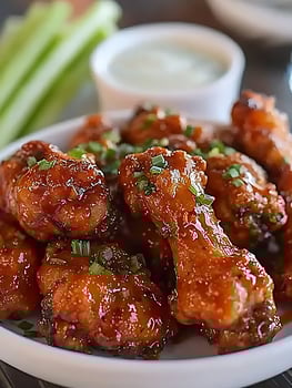 Deliciously Glazed Chicken Wings with Ranch Dip and Celery Sticks. photo