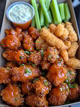 Delicious Spicy Chicken Wings with Celery Sticks and Dip. photo