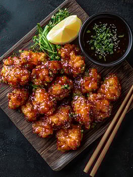Delicious Glazed Chicken Bites with Dipping Sauce and Lemon Slice. photo