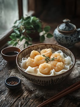 Delicious Shrimp Noodles Served in a Traditional Bowl with Side Dish. photo