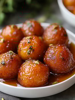 Delicious Sweet Gulab Jamun Served in a White Bowl with Pistachios and Cardamom. photo