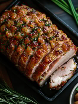 Succulent Roasted Pork Loin With Crispy Crackling and Fresh Herbs. photo