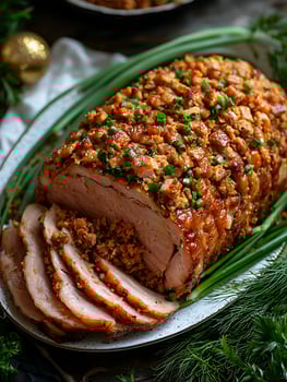Savory Glazed Roast Pork with Fresh Herbs and Holiday Garnish. photo