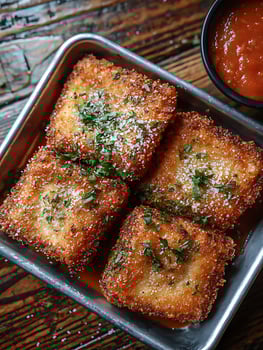 Crispy Fried Cheese Bites with Marinara Sauce, Garnished with Fresh Herbs. photo
