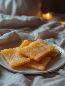Close up of sugared ginger squares on a white plate with bokeh lights. photo