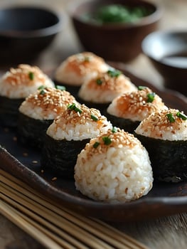 Savory Seaweed Rice Balls Topped with Sesame Seeds and Green Onions. photo