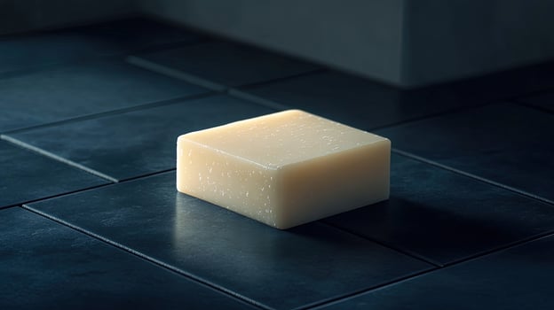 Soap sits alone on dark blue ceramic tile, illuminated by light, a clean shot photo