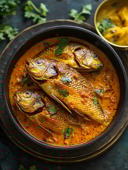 Delicious Indian Fish Curry with Fresh Coriander and Side Dish. photo