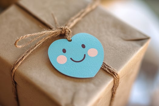 Smiling blue heart tag dangles by jute string on a brown paper package photo