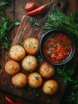 Crispy Rice Balls with Spicy Marinara Sauce and Fresh Herbs. photo