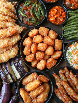 Delicious Assortment of Crispy Fried Foods and Savory Side Dishes. photo
