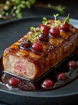 Juicy Pork Loin With Cherry Glaze And Fresh Herbs. photo
