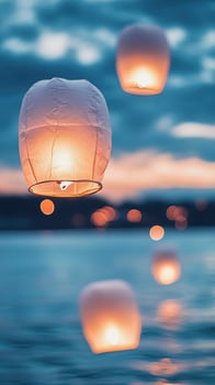 White paper lanterns gently illuminate twilight sky over tranquil waters in soft focus photo