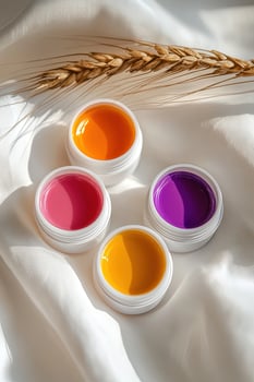 Bright orange, pink, yellow, and purple gel sits on a white silk fabric photo