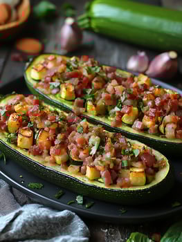 Delicious Stuffed Zucchini Boats Filled with Bacon and Fresh Herbs. photo