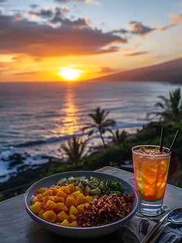Delicious Hawaiian Food and Cocktail with a Stunning Sunset Ocean View. photo