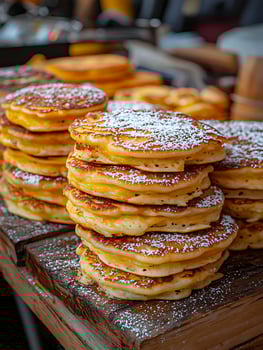 Delicious golden pancakes stacked high and dusted with powdered sugar. photo