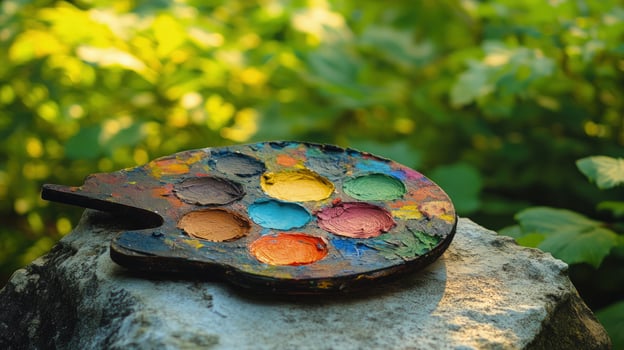 Colorful paint rests in artist palette on textured stone with a soft green backdrop photo