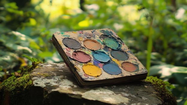 Palette filled with thick oil paint sits on a mossy rock against a green backdrop photo