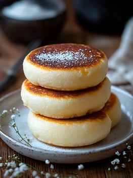 Golden Cheese Pancakes Stacked High With Powdered Sugar Delight. photo
